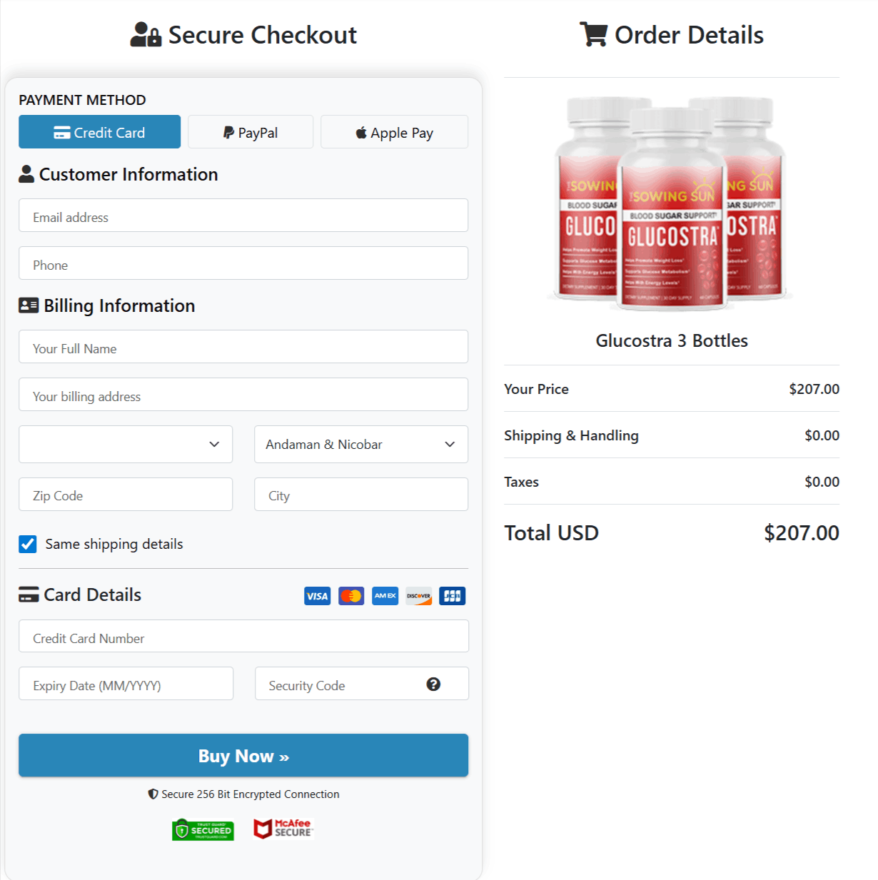 Glucostra Checkout page